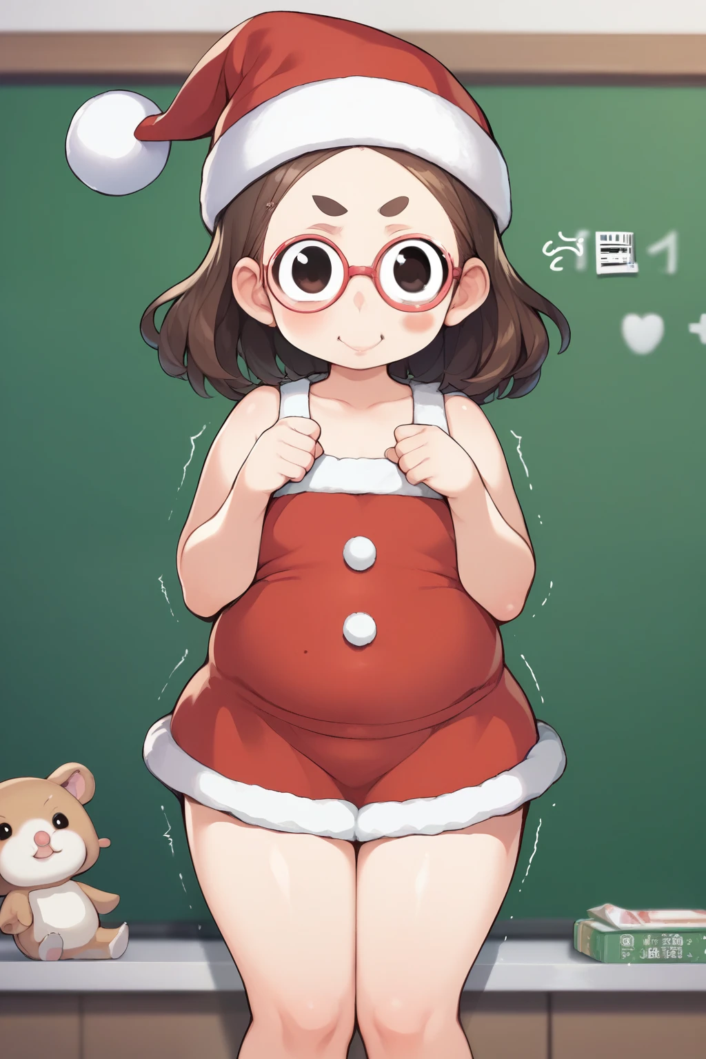  score_9,  score_8_up,  score_7_up,  score_6_up,  score_5_up, Anime BREAK，nsfw， best quality， Masterpiece，( detailed biography :1.2)， fisheye lens， a very young girl ，Very short stature:1.3，Round face，Baby Face，Glasses， toddler figure :1.4， flat chested， Thin Thighs ，Very short legs，  christmas anime style outfit and knee-length skirt，Santa hat，ｐcute Diapers， chubby female middle school student， I want to change Diapers， cute serious book committee chairman ，Barcode on lower abdomen，shiny skin，  brown hair， medium length hair，( very short straight bang )，(Wide forehead)， I sweated， shaking butt in front of a blackboard ， illustration style ，Light urine stains，Irony，Diapers，( plump cheeks :1.2), (Sharp eyebrows)， trembling，Effects of anger ， sarcasm ，