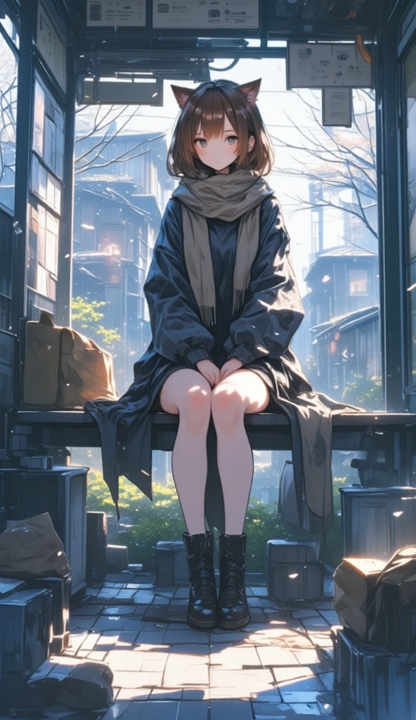  blurry background、 blurry background、(  Masterpiece ),(  best quality ), Yuki,  brown fur,  scarf, feet, Thighs about the knee,  hollow eyes, Expressionless face, garden, bus stop, snow, snowが降る, wood, nature, sitting on bench from the bus stop