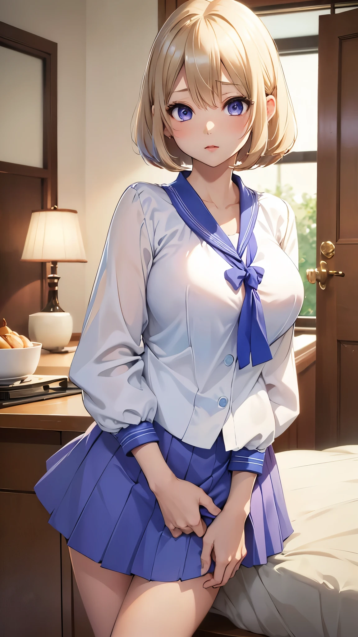 Umino Sachi 、  Masterpiece ,  best quality、  best quality,(8k resolution),Beauty、( looks like an adult), （  Sexy Perfect Style  ）、( Big Breasts )、 blonde bob cut、(White and blue sailor suit)、(  blue skirt)、(( Get closer to my chest ))、  purple eyes