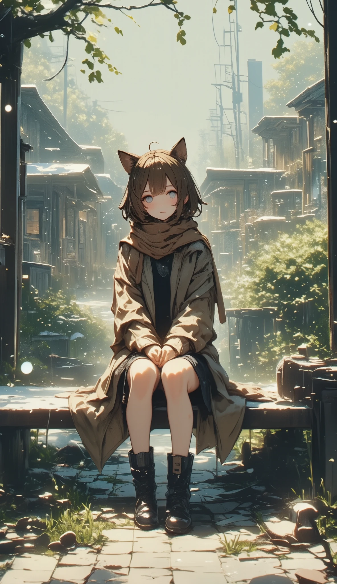  blurry background、 blurry background、(  Masterpiece ),(  best quality ), Yuki,  brown fur,  scarf, feet, Thighs about the knee,  hollow eyes, Expressionless face, garden, bus stop, snow, snowが降る, wood, nature, sitting on bench from the bus stop