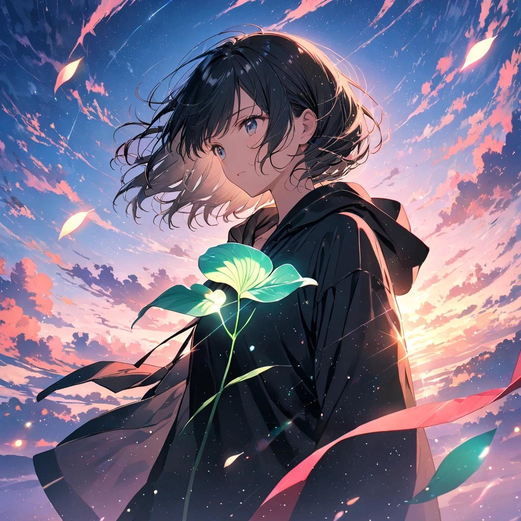 (female\(student, age of 15, JK, short silver floating hair, cosmic colored eyes, black color uniform of school, pale skin, tired face with no shine in the eyes\) is looking up at the sky), (so many goldfish are swimming in the air), beautiful sky, beautiful clouds, summery colorful flowers are blooming here and there, (crystal clear bubbles are shining prism here and there in the sky), there is the noonday moon and noonday stars in the sky, female is at messy downtown, BREAK ,quality\(8k,wallpaper of extremely detailed CG unit, masterpiece,hight resolution,top-quality,top-quality real texture skin,hyper realisitic,increase the resolution,RAW photos,best qualtiy,highly detailed,the wallpaper,cinematic lighting,ray trace,golden ratio\),(long shot),wide shot,