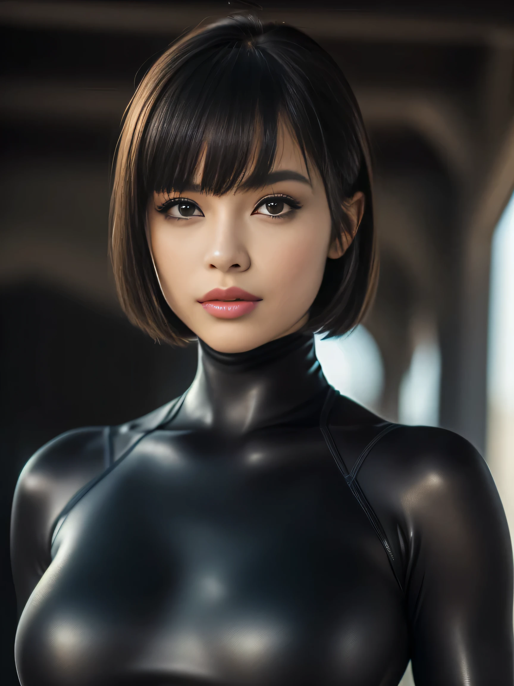 (Matte tight suit:1.3), High-neck, Long sleeve, (Looking at the viewer:1.5), Outdoors,
8K Quality, (High Resolution:1.1), (Realistic photo:1.5), (Raw photo:1.1), Extremely detailed photo, Body that is depicted in ultra detail, Absolute masterpiece,
Breasts, (Lip make-up), Glossy skin, Bangs, Short wavy bob, Ultra beautiful girl, Evil smile
