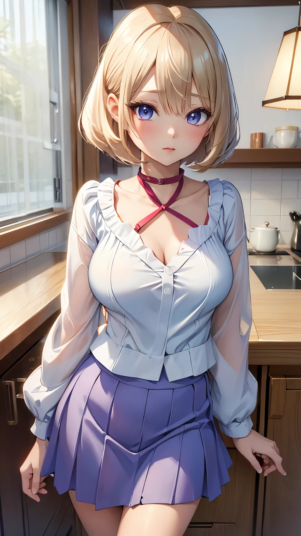 Umino Sachi 、  Masterpiece ,  best quality、  best quality,(8k resolution),Beauty、( looks like an adult), （  Sexy Perfect Style  ）、( Big Breasts )、 blonde bob cut、(White and blue sailor suit)、(  blue skirt)、(( Get closer to my chest ))、  purple eyes