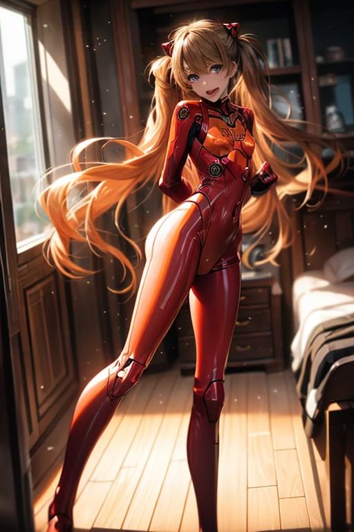 (( best quality)), ((masterpiece)), (be familiar with),  perfect face, indoor, bedroom,  viewer,
One woman,  Soryu Asuka Langley ,
 open mouth,  ecstatic expression with hands in front of body, blush, smile,
Small breasts,  flat chested, Young girl, Lori,  s,  girl,
 long hair,  twin tails,
Leg spread,