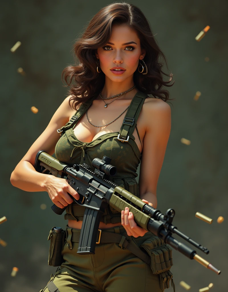 green_camouflage_satin_Hem reaches the floor_A young and stunningly beautiful female warrior in an evening dress、Ideal proportions、Wearing a large pearl necklace and gorgeous accessories、Bend Down、Carrying an assault rifle、A tense look、Detailed face and eyes、Perfect Skin、Flowing hair、Graceful posture、Photorealistic and cinematic lighting、Dramatic fantasy、Very detailed、8K、masterpiece
