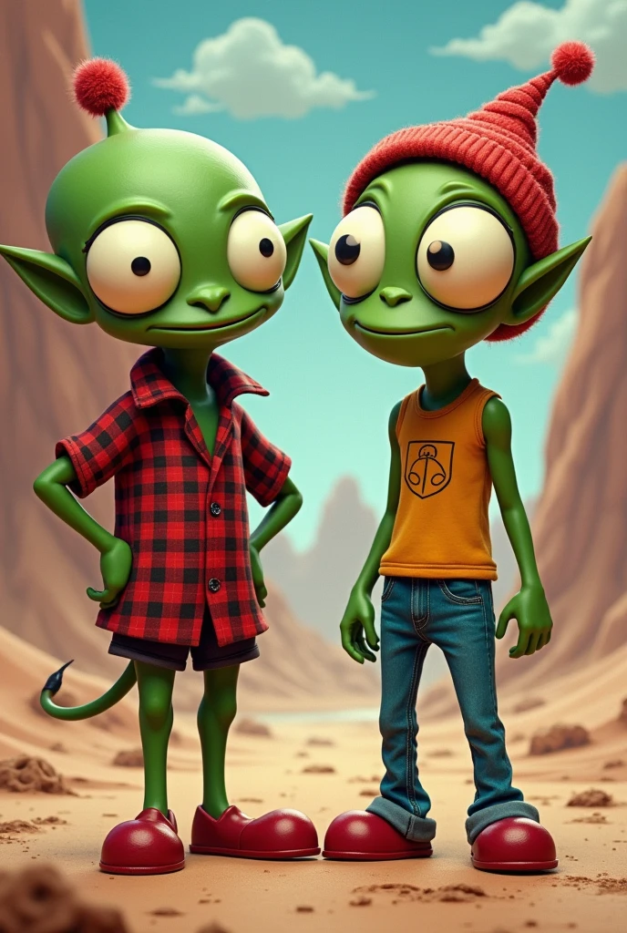 Two punk teenagers, An alien and a woman with glasses all in a room