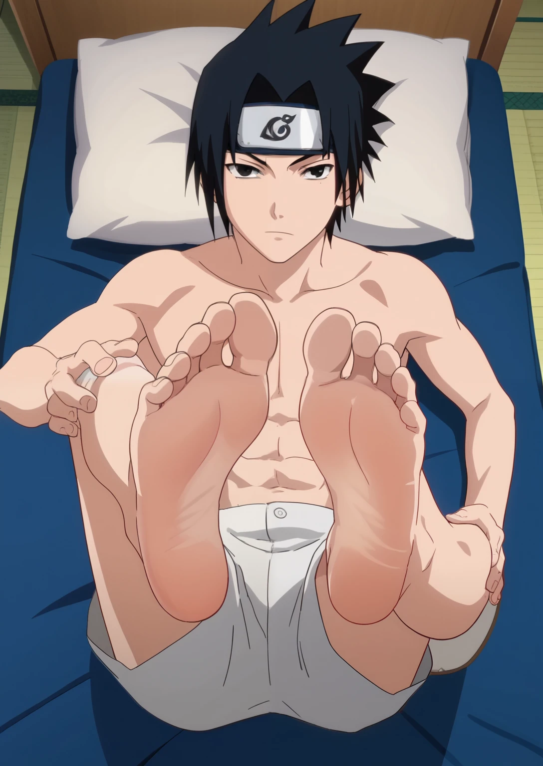 score_9, score_8_up, source_anime,
1boy, Sasuke Uchiha, black hair, short spiky hair, dark eyes, shirtless, white shorts, alone, looking at viewer, in his bedroom, night, lying on the bed, lifting legs to show his soles, cowboy shot, ANIME SCREENCAP, anime coloring, barefoot, perfect feet, anatomically correct, soles, high angle, focal length 35mm, each foot has five toes, front, symmetrical soles, foot focus