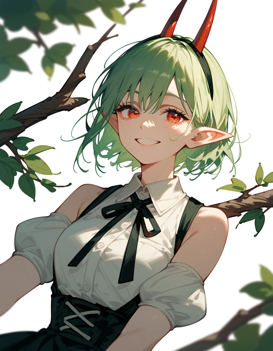 Elf Girl ,Green hair, in red eyes ,Short hair,thin,With a branch horn , sleeveless waistcoat, Long Puffy Sleeve , in a good mood ,smile, chainsaw art,