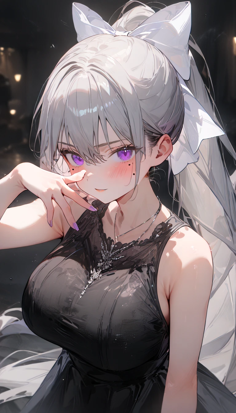 (8k, RAW Photos,  best quality,   Masterpiece :1.3), pose, 1 girl,  very beautiful face  , random expression ,ＪＫ_ style  ,(Age 19),Big Breasts,Normal hand,hk1, purple eyes, grey hair, hair between eyes, long hair, very long hair, ponytail, mole, mole under eye, bow, white bow