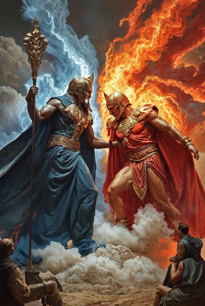 two Titans, powerful beings from Greek mythology. The Titan on the left is shrouded in blue, wielding a staff that crackles with bright blue lightning. He is facing off against the Titan on the right, who is adorned with fiery red and gold, wielding a staff that emits a red glow. The Titans are locked in a dramatic struggle, their power evident in the swirling clouds and crackling energy that surrounds them. In the foreground, smaller figures watch the battle unfold,in a long robe (chiton) and cloak (himation)Masterpiece, High Details