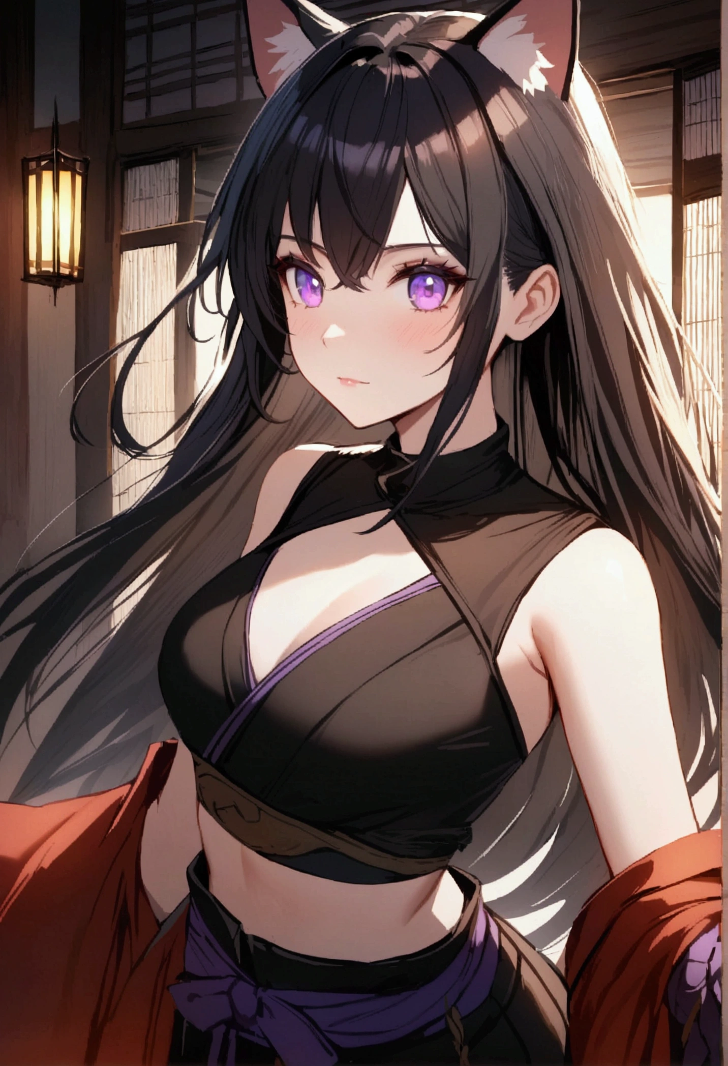 FF14
Miqo'te
Female
Samurai
Anime style
One person
Cool image
Black、white、Red as the base color Anatomically correct textured skin Long wolf cut Slight exposure A westernized version of a kimono Off-the-shoulder