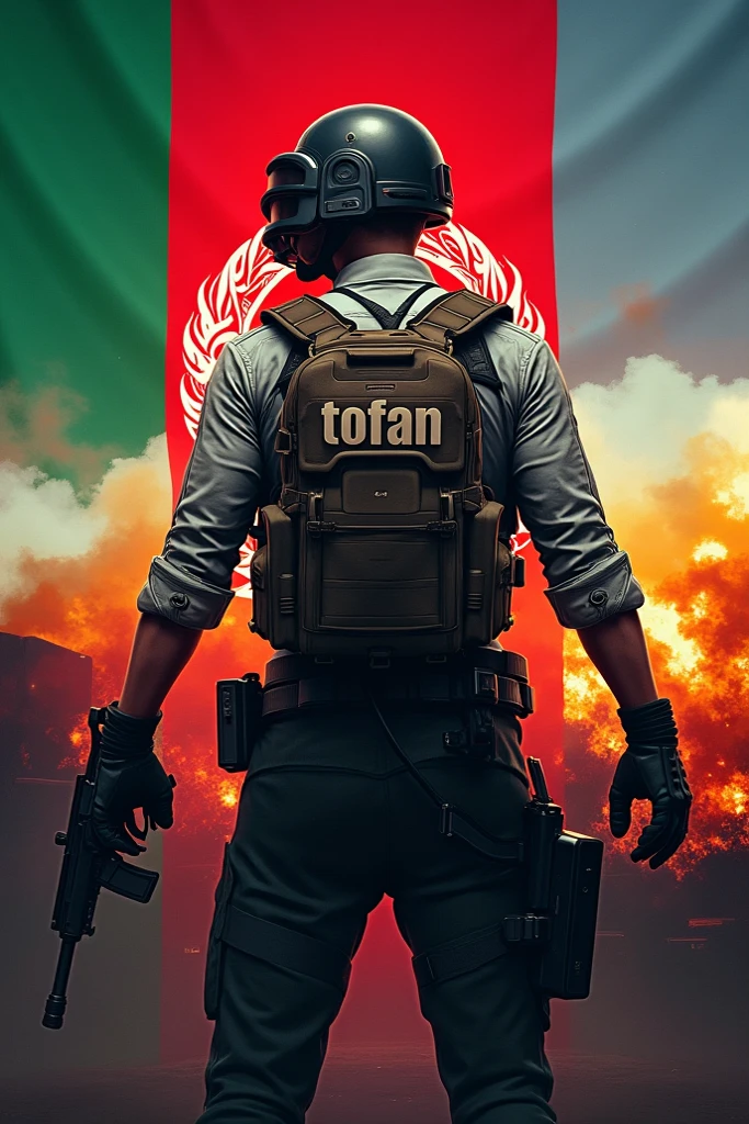 A mujahid holds the Turkish and Palestinian flags and on his shirt there is the word Mujahidin and many M16 weapons and on the side there is a big lion 