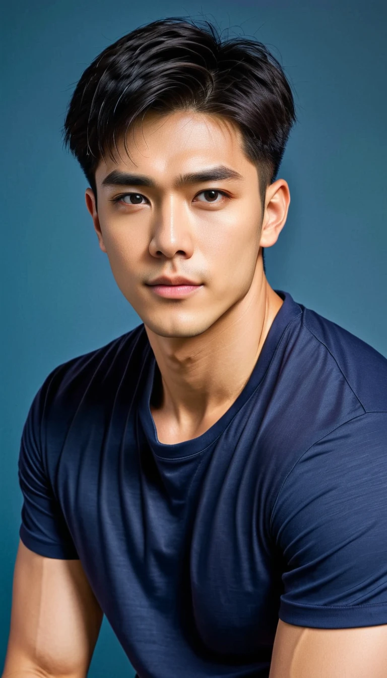   1boy, orimale ,Orimura ,  bright eyes  , Short Hairstyle , Handsome man ,Have muscles,blood vessel,Broad shoulders, Wear a navy short-sleeved, round-neck T-shirt without a logo and jeans. 