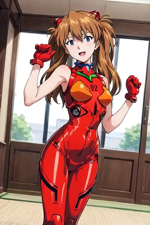 (( best quality)), ((masterpiece)), (be familiar with),  perfect face, indoor, bedroom,  viewer,
One woman,  Soryu Asuka Langley ,
 open mouth,  ecstatic expression with hands in front of body, blush, smile,
Small breasts,  flat chested, Young girl, Lori,  s,  girl,
 long hair,  twin tails,
Leg spread,