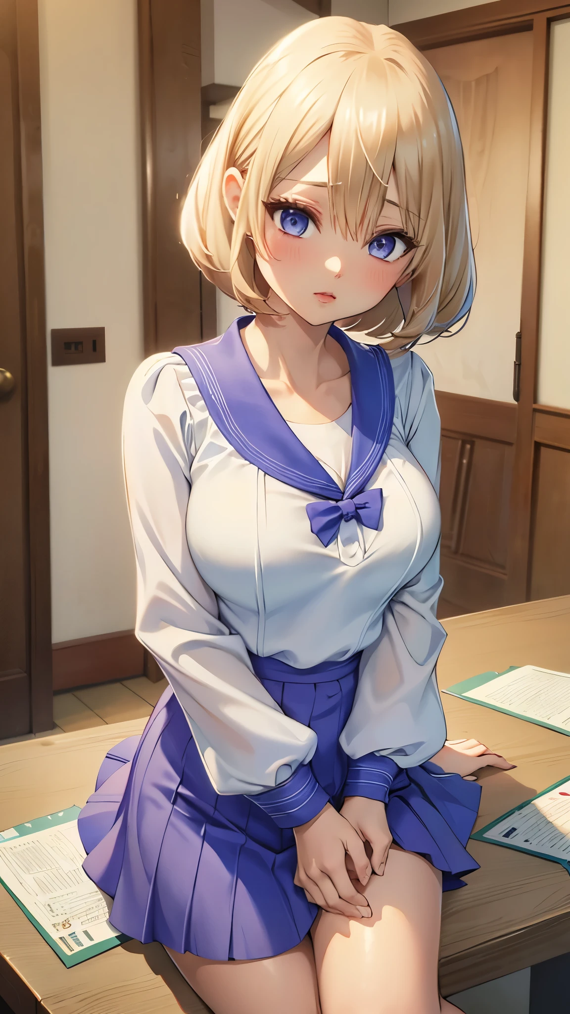 Umino Sachi 、  Masterpiece ,  best quality、  best quality,(8k resolution),Beauty、( looks like an adult), （  Sexy Perfect Style  ）、( Big Breasts )、 blonde bob cut、(White and blue sailor suit)、(  blue skirt)、(( Get closer to my chest ))、  purple eyes