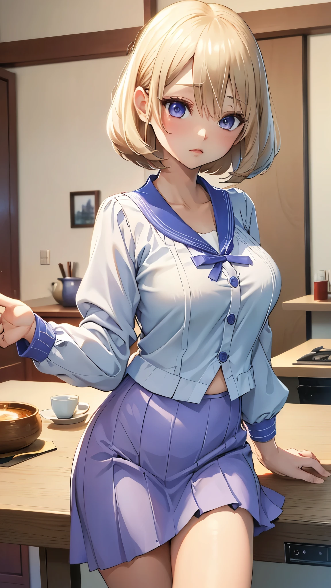 Umino Sachi 、  Masterpiece ,  best quality、  best quality,(8k resolution),Beauty、( looks like an adult), （  Sexy Perfect Style  ）、( Big Breasts )、 blonde bob cut、(White and blue sailor suit)、(  blue skirt)、(( Get closer to my chest ))、  purple eyes