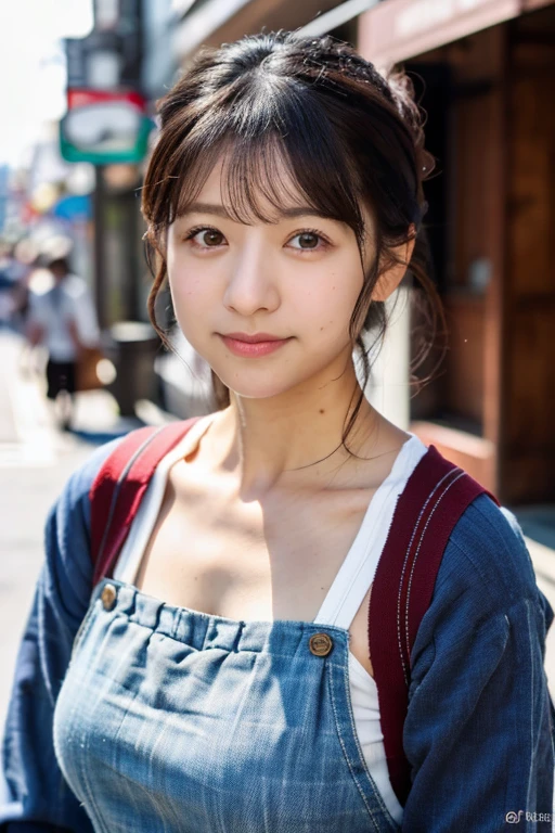 (masterpiece, best quality, perfect anatomy, highres, 8k, realistic, photorealistic, natural skin texture, no makeup:1.2), 1girl, solo. Japanese, age20, jp idol, (very cute), (upturned eyes:1.5), shy smile, (large breasts:1.2), perfect figure, overalls, long sleeve T-shirt as inner, sneaker, black cap, (Tokyo down town), (looking at viewer:1.5), natural lighting, from front, cowboy shot