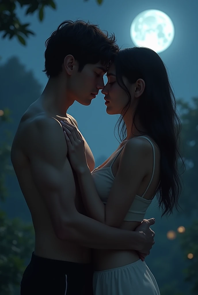 A 17 year old girl, long dark black hair, clear skin, big brown eyes, slim appearance, Red lips, with big breast. A 19 year old boy, white hair, White skin, marked chest, tall. The boy and the girl are kissing in the river under the moonlight with fireflies around, the two are facing each other, connecting looks, the boy and the girl are naked