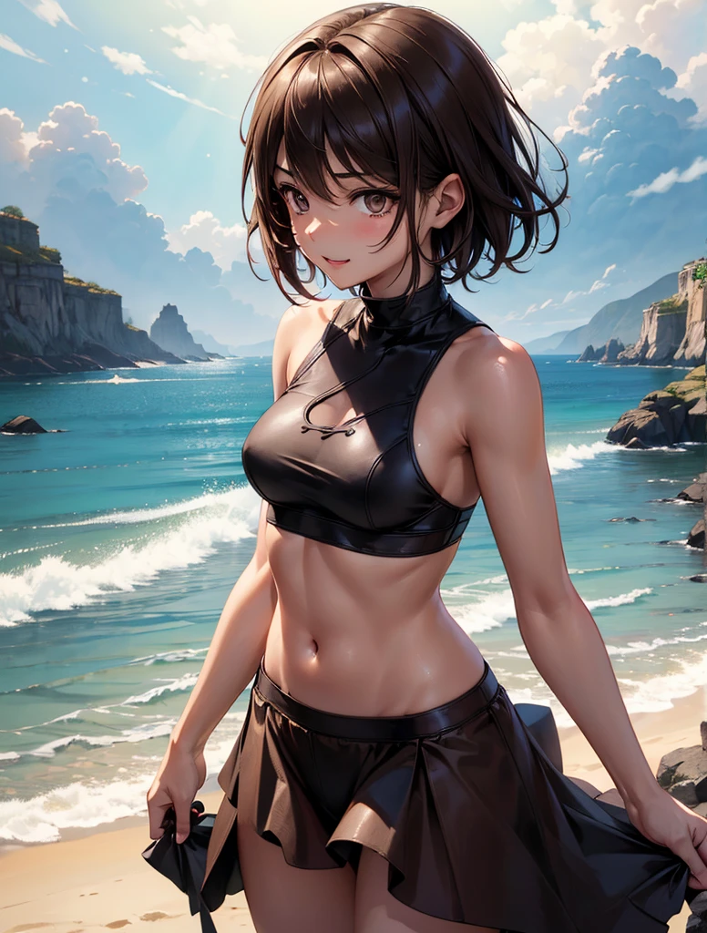 (homem bonito:1.2) com roupas leves de praia, cabelo ao vento, in a beira scenario-mar, with calm waves crashing gently on the sand and clear blue sky.