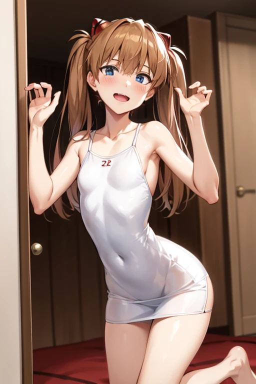 (( best quality)), ((masterpiece)), (be familiar with),  perfect face, indoor, bedroom,  viewer,
One woman,  Soryu Asuka Langley ,
 open mouth,  ecstatic expression with hands in front of body, blush, smile,
Small breasts,  flat chested, Young girl, Lori,  s,  girl,
 long hair,  twin tails,
Leg spread,