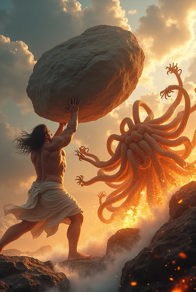 painting of a man fighting a giant monster with a giant snake, greek myth digital painting, furious god zeus, greek dark myth, the god hephaestus, epic scene of zeus, satan in hell, epic biblical depiction, jesus christ fighting lucifer, godrays digital painting, mythology artwork, greek god, battle between good and evil, battling demons, greek mythology
