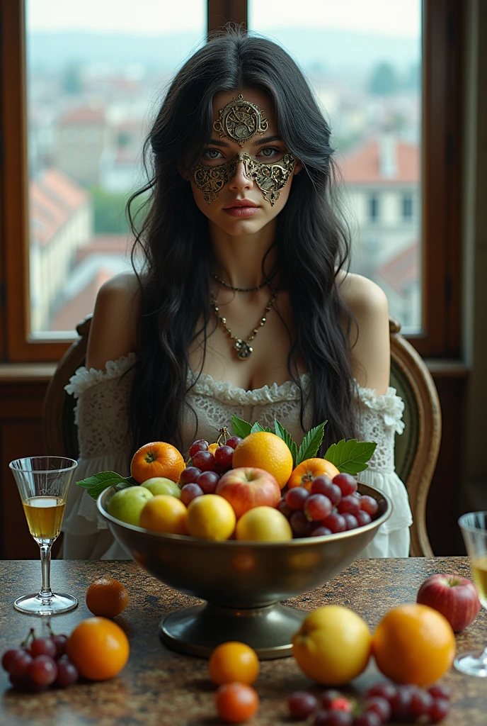 A beautiful girl with long hair. Face half made of watch mechanisms. She is sitting on a chair. In front of here there is a table with a bowl in a center filled with fruits: grapes, apples, lemons, oranges, figues some of them are rotten and flowers . Fruits are also scattered on the table. There are 2 goblets on the table. It is all located in the room with the big window overlooking the victorian epoque city. All in victorian epoque estetics with futuristic cyber punk elements.