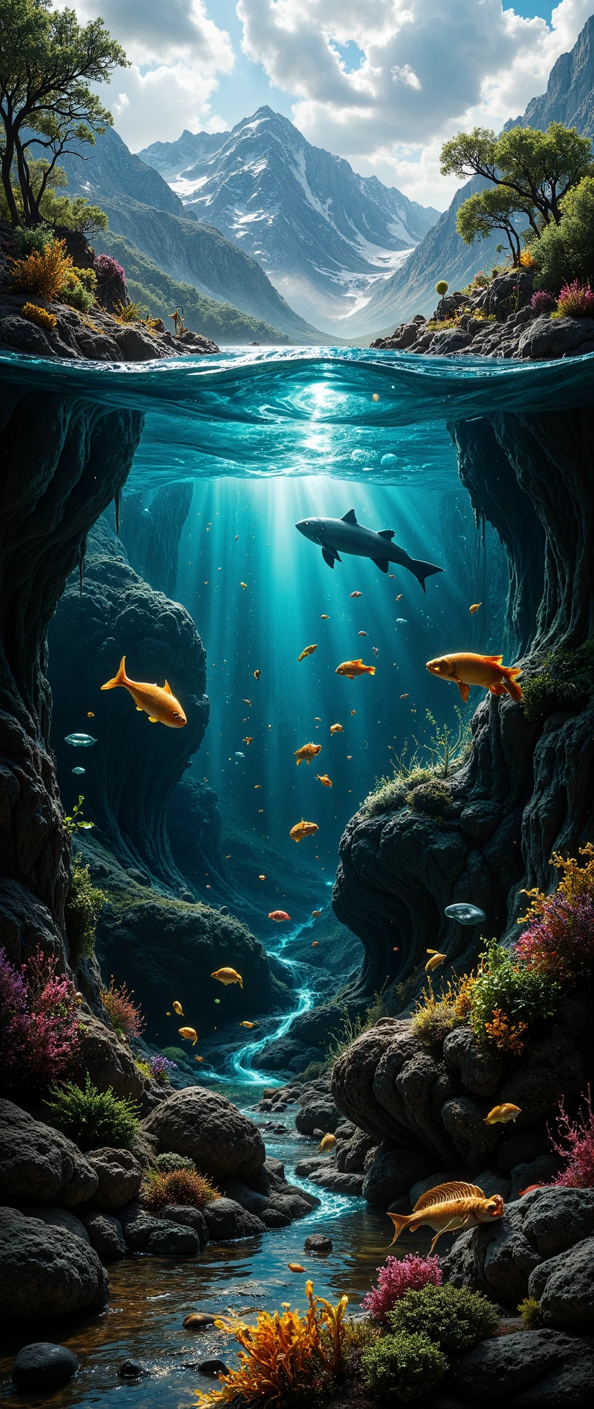 非常にリアリスティックでRealistic。Realistic、24K、 Hyperrealistic 、 A nature-rich lake deep in the mountains 。 Shot shooting the boundary between water and below the surface of the water 。 It shows nature rich on the surface of the water, windless, and quiet on the surface of the lake、 animals are swimming vividly 。on the other hand、Under the surface、Mr.々 with a very beautiful landscape 。fish、Mammals、甲殻類などMr.々 。