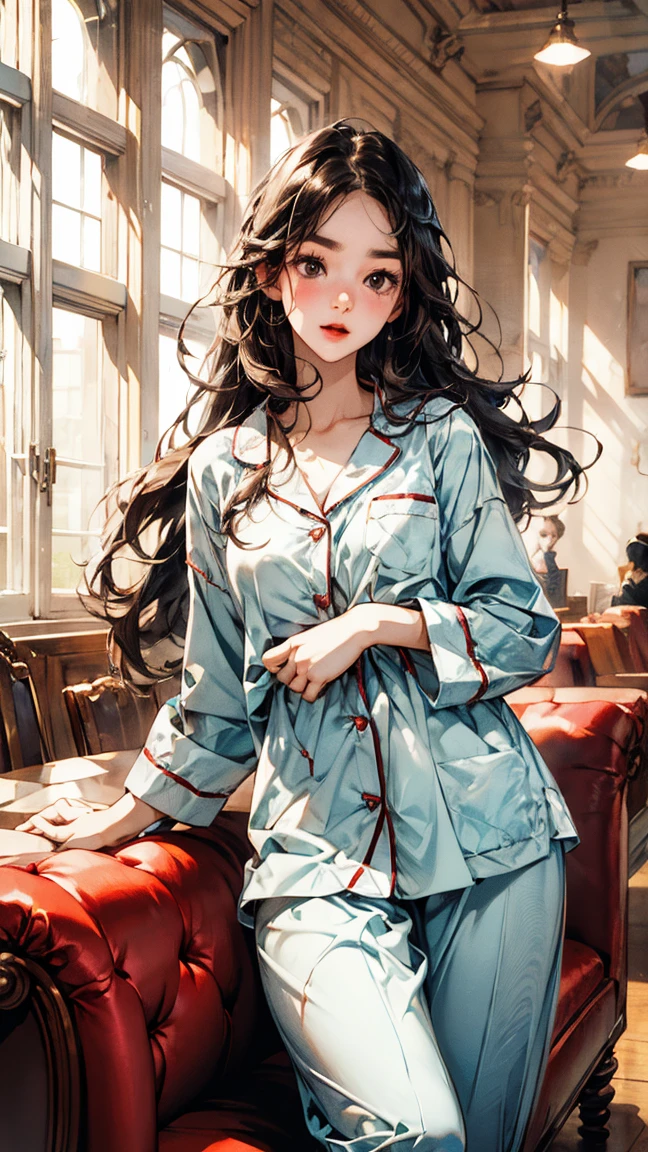 Wear sexy pajamas, Beautiful figure, enchanting, Study room, sofa, Charming action at will,  Facing Camera , Imaginative, First Love 