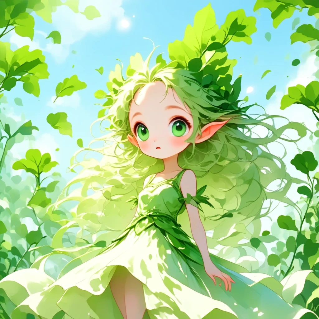 (masterpiece, best quality:1.2), Chibi cute, 1 daikon lady, elven lady, solo, face shot, close-up of face, Looking up at the sky, surprised expression with open mouth, Green big eyes, Green leaves long hair, bangs, pointy ears, pure white skin, wearing green camisole one-piece long dress over white short sleeve T-shirt