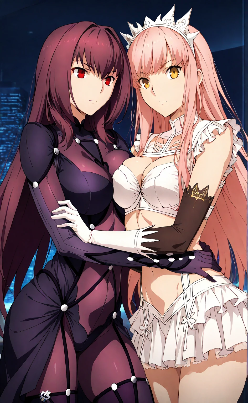 high resolution, masterpiece, necessary, detail, best quality, quality, necessary, details, High details, Precise, 
 
2girls, agirl_and_bgirl, ufotable style, ufotable anime, 

agirl,Scathach, scathach Fate Grand Order, fate,  Fate Grand Order, long hair, red eyes, tight suit

Bgirl, medb, medb fate grand order, long hair, white miniskirt, Pink hair, yellow eyes