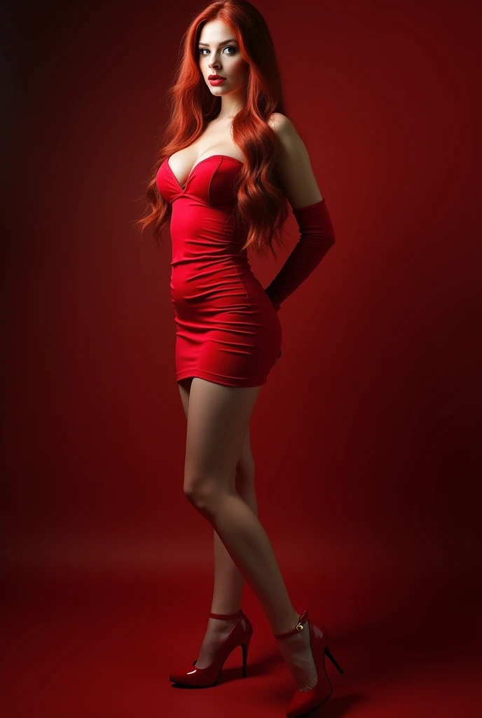 ultra realistic, photography, red heaired girl, 30 years old, hourglass figure, seductive, lips, full body, long legs, stockings, high heels, red dress, perfect, small breasts