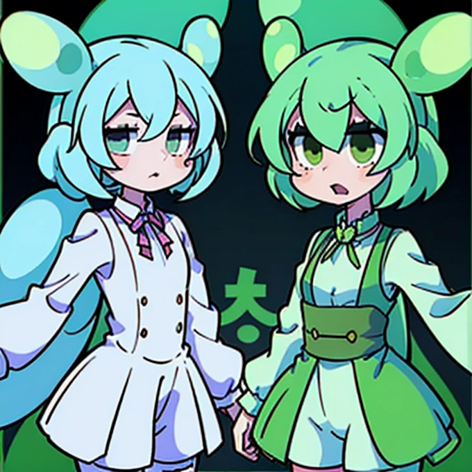 ((Terada Terakaze ))   girl　piece　High image quality　   absurd　   sky blue　   green hair　 Big green tufts on the head  　 two big idiot hairs like ears　  black and green fluorescent headphones on the neck 　