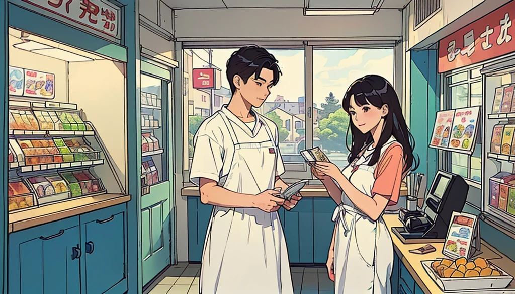  there are many photos of a man and a woman in a kitchen,  convenience store , detailed fanart,  high-quality fanart , Official fan art, background art, Natural studio ,  Commercial illustration , by Kanbun Master, healthy digital art,  humanized human machine experiment , at the counter, Manhwa, healthy, detailed and exquisite fanart , Official illustration, fullbody commission for, 🍁 beautiful