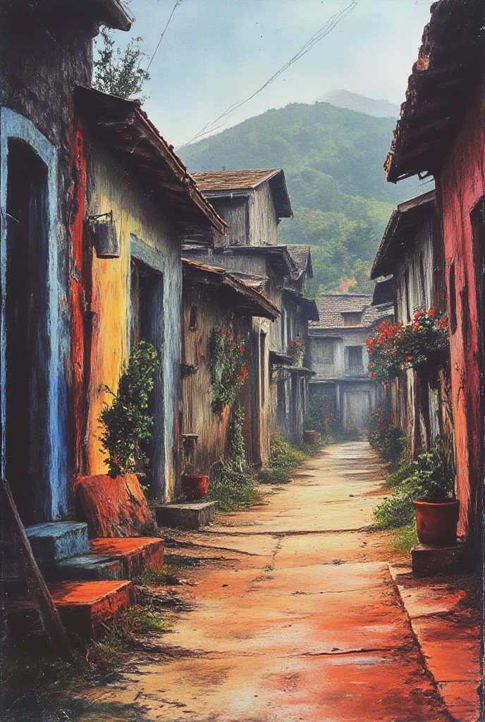 Georgian streets of old Tbilisi, in primitivism style. David Martiashvili. A rich palette, a special writing technique. Synthesis of primitive forms with complex painting techniques. Aesthetics. Colorful oil painting. Old shabby houses that have retained their beauty and charm
