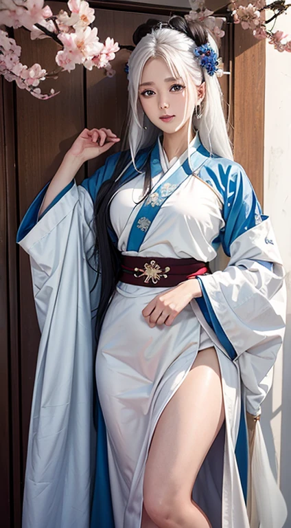 photorealistic, masterpiece, photorealistic, high resolution, soft light, hips up, blue eyes, red hanfu, white hair, long hair, Taoist robe,oversized clothes, jewelry