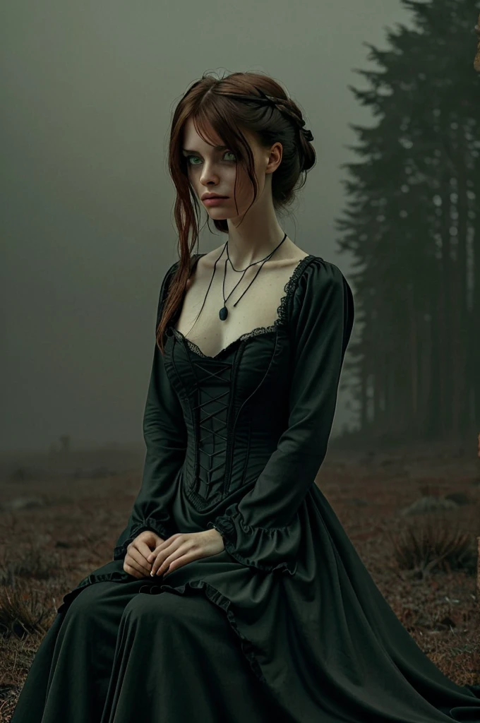 an individual seated in a natural, open setting, with mist or fog adding a mysterious ambiance. The person is dressed in an elaborate gothic style gown with multiple layers of lace and ruffles, which suggests a Victorian influence. The dark color palette of the attire is consistent with gothic fashion, emphasizing the somber and romantic themes often associated with the subculture.
The individual's hair is styled in a tousled manner, with hints of color that may indicate a rebellious or personal twist to the traditional gothic look. They are adorned with ornate jewelry, including a necklace with a prominent pendant that serves as a focal point against the dark fabric of the dress.
The person's pose and distant gaze evoke a contemplative or melancholic mood, which is complemented by the bleak and desolate landscape. The stark contrast between the intricate details of the clothing and the simplicity of the natural surroundings emphasizes the solitude and introspective state of the individual. The overall composition of the image, from the fashion to the setting, creates a narrative that invites the viewer to ponder the story behind the subject's presence in this eerie environment.
 s41oc