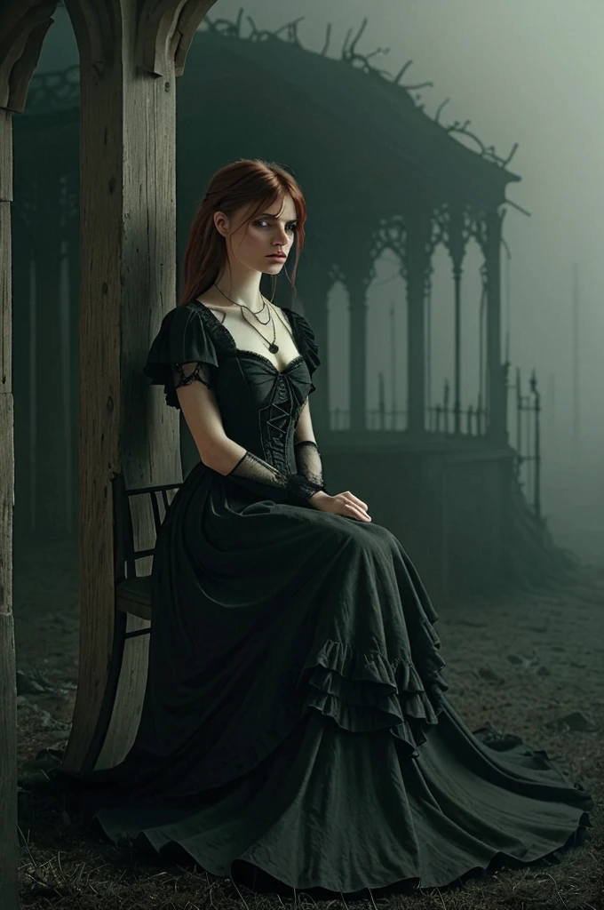 an individual seated in a natural, open setting, with mist or fog adding a mysterious ambiance. The person is dressed in an elaborate gothic style gown with multiple layers of lace and ruffles, which suggests a Victorian influence. The dark color palette of the attire is consistent with gothic fashion, emphasizing the somber and romantic themes often associated with the subculture.
The individual's hair is styled in a tousled manner, with hints of color that may indicate a rebellious or personal twist to the traditional gothic look. They are adorned with ornate jewelry, including a necklace with a prominent pendant that serves as a focal point against the dark fabric of the dress.
The person's pose and distant gaze evoke a contemplative or melancholic mood, which is complemented by the bleak and desolate landscape. The stark contrast between the intricate details of the clothing and the simplicity of the natural surroundings emphasizes the solitude and introspective state of the individual. The overall composition of the image, from the fashion to the setting, creates a narrative that invites the viewer to ponder the story behind the subject's presence in this eerie environment.
 s41oc