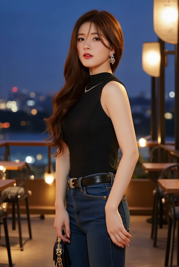 In a stunning outdoor terrace of a luxury hotel during twilight, the Korean woman stands poised against a backdrop of twinkling city lights that dot the night sky. The terrace is elegantly lit with warm, ambient lighting from stylish lanterns hanging above, creating a cozy yet upscale atmosphere. She turns slightly to her left, presenting a captivating three-quarter view that highlights her chic well-coiffed waves and the details of her outfit. Her fitted black sleeveless turtleneck top contrasts beautifully with the deep blue of her jeans, while black high heels add height and sophistication to her look. The soft breeze gently tousles her hair, enhancing her confident demeanor as she lightly rests her right hand on her hip and holds her petite purse in her left hand, which features delicate chain detailing. With the enchantment of the city skyline twinkling in the background, the image evokes a sense of glamour and modernity, perfectly capturing the essence of a fashionable night out