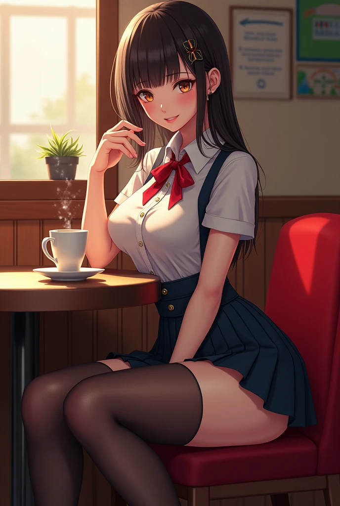 (official art、highest quality、Unity 8k wallpaper、32K、masterpiece、super detailed、超high resolution、realistic、Photoreal:1.2)、(cinematic lighting:1.2)、fire glow effect、film grain、best shadows、rim lighting、side light、(Super detailed and complex 3D rendering)、Background like Makoto Shinkai、detailed beautiful face and eyes、(Beautiful and sharp pupils)、masterpiece, high resolution、highest quality, ultla highres, maximum resolution, very detailed, professional lighting, beautiful skin, 28 year old woman、very pretty、Brooklyn、Inside the cafe、sofa、waitress、Maid clothes、work at a cafe、Maid clothes、skirt、Grab your shirt、(panties:1.1、Shirt Unbuttoning:1.15、bra:1.1)、shoes下、shoes、bright hair color、blonde、bangs、dull bangs、(((squint your eyes、grinning、ridicule、naughty face)))、The girl is looking to the side、Wide angle、angle from below、(((Precise human body structure、Correct and accurate number of limbs、Correct and accurate number of fingers)))