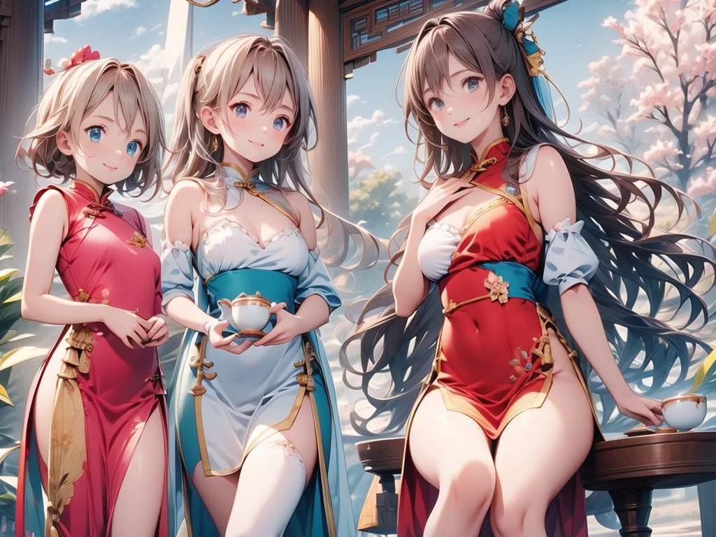 Highest quality, Super detailed, (Ultra-high resolution,8k), Ultra-high definition 4K, (Perfect Anatomy, Anatomically correct), (Three pure married shrine maidens), (A peaceful moment), (High-quality facial beauty), (Among the dandelion seeds), (Photorealistic), (Detailed big breasts), Soft Skin, Glowing Skin, Bright lighting, 非常に激Shii雨, colorful, god々Shii, A sparkling smile, Shrine maiden costume