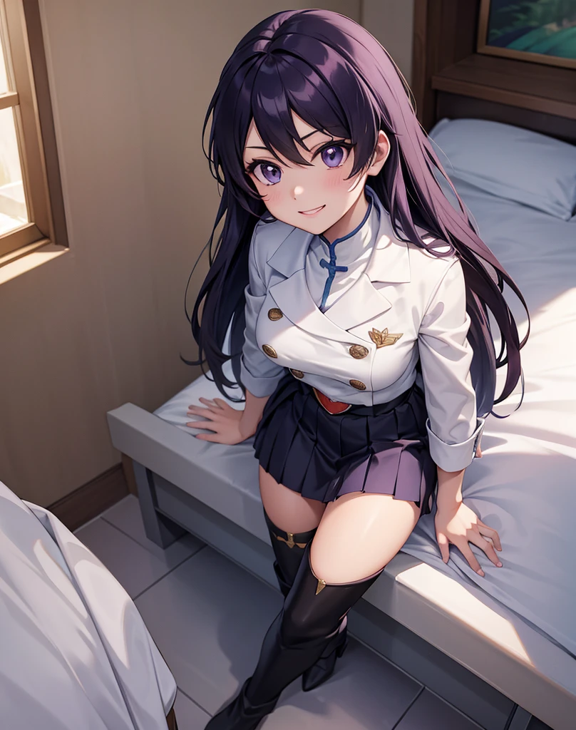  Max image  、  High Quality  、 accurate body with 2 heads、  Masterpiece 、 black hair, bangs,  purple hair , Purple Eyes,  hair between eyes, very  long hair,  Brown Eyes ,  long hair, chest, large chest、uniform、  thigh-length boots that accentuate your feet、  trampling on the sole  、｛足元を強調する｝、｛  look up  ｝、 confident smile 、   VERY DETAILED BACKGROUND   、In the hotel of love