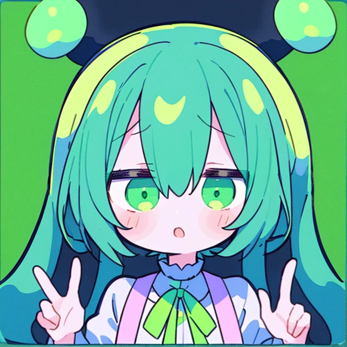 ((Terada Terakaze ))   1 girl　 handsome　piece　High image quality　   absurd　   sky blue　   green hair　 Big green tufts on the head  　stupid hair as big as ears　  black and green fluorescent headphones on the neck 　Heartwarming　