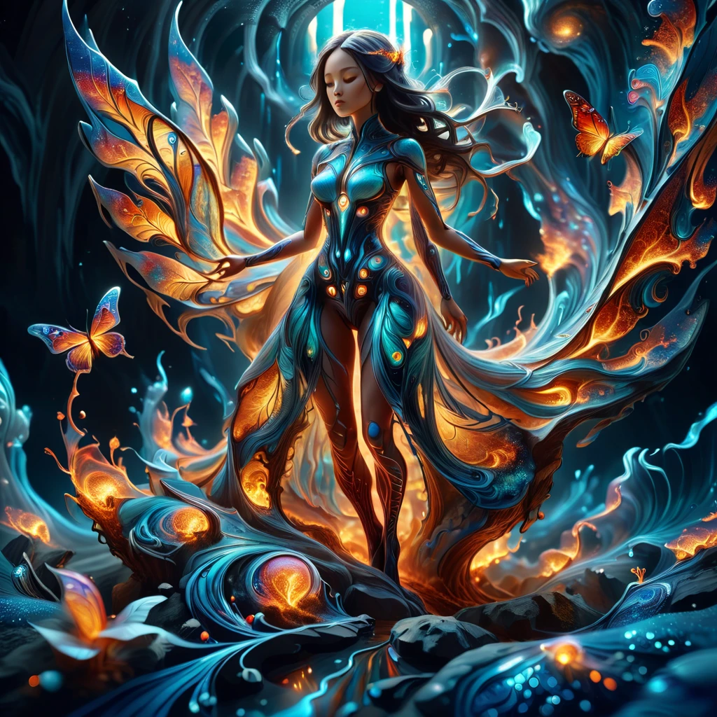 bioluminescent,Vibrant, erosion-patterned galaxy aesthetics, glass-like transparent body revealing intricate titanium bone structure, vivid bioluminescent blood vessels, effervescent internal bubbles, tornado-like swirls, chaotic nebula-inspired light sources, swirling cosmic colors, elegant dress, butterfly wings, female figure, fluttering butterflies.(setting sun:1.05)