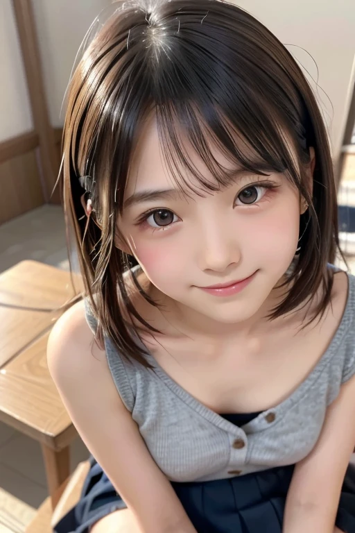 idol, One girl, Japanese, Middle school students, Elementary school student, prety, Sparkling eyes, No body hair, Thin legs, Attention to detail, Highest quality, High resolution, bobbed hair, short bob, ponytail, Middle school students, Elementary school student, 10years old, 9years old, 8years old, upper body, close up of face, smile, see through, upskirt, panties, mini skirt, Anatomically correct, Textured skin, high quality, high quality, high details, best quality, highres, super detail, accurate, high details, best quality, highres, super detail, accurate, high quality