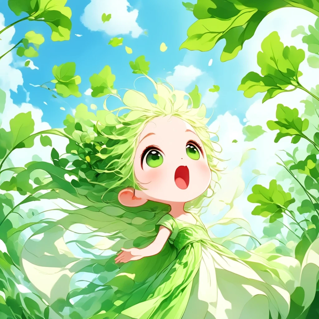 (masterpiece, best quality:1.2), Chibi cute, 1 daikon lady, elven lady, solo, face shot, close-up of face, Looking up at the sky, surprised expression with wide open mouth, Green big eyes, Green leaves long hair, bangs, pointy ears, pure white skin, wearing green camisole one-piece long dress over white short sleeve T-shirt