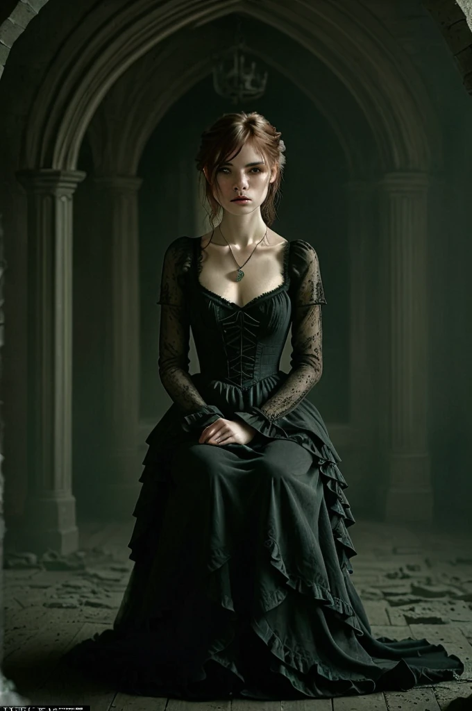 an individual seated in a natural, open setting, with mist or fog adding a mysterious ambiance. The person is dressed in an elaborate gothic style gown with multiple layers of lace and ruffles, which suggests a Victorian influence. The dark color palette of the attire is consistent with gothic fashion, emphasizing the somber and romantic themes often associated with the subculture.
The individual's hair is styled in a tousled manner, with hints of color that may indicate a rebellious or personal twist to the traditional gothic look. They are adorned with ornate jewelry, including a necklace with a prominent pendant that serves as a focal point against the dark fabric of the dress.
The person's pose and distant gaze evoke a contemplative or melancholic mood, which is complemented by the bleak and desolate landscape. The stark contrast between the intricate details of the clothing and the simplicity of the natural surroundings emphasizes the solitude and introspective state of the individual. The overall composition of the image, from the fashion to the setting, creates a narrative that invites the viewer to ponder the story behind the subject's presence in this eerie environment.
 s41oc