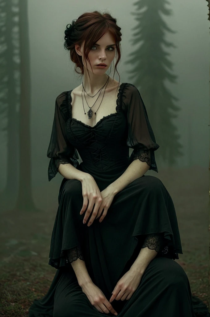 an individual seated in a natural, open setting, with mist or fog adding a mysterious ambiance. The person is dressed in an elaborate gothic style gown with multiple layers of lace and ruffles, which suggests a Victorian influence. The dark color palette of the attire is consistent with gothic fashion, emphasizing the somber and romantic themes often associated with the subculture.
The individual's hair is styled in a tousled manner, with hints of color that may indicate a rebellious or personal twist to the traditional gothic look. They are adorned with ornate jewelry, including a necklace with a prominent pendant that serves as a focal point against the dark fabric of the dress.
The person's pose and distant gaze evoke a contemplative or melancholic mood, which is complemented by the bleak and desolate landscape. The stark contrast between the intricate details of the clothing and the simplicity of the natural surroundings emphasizes the solitude and introspective state of the individual. The overall composition of the image, from the fashion to the setting, creates a narrative that invites the viewer to ponder the story behind the subject's presence in this eerie environment.
 s41oc