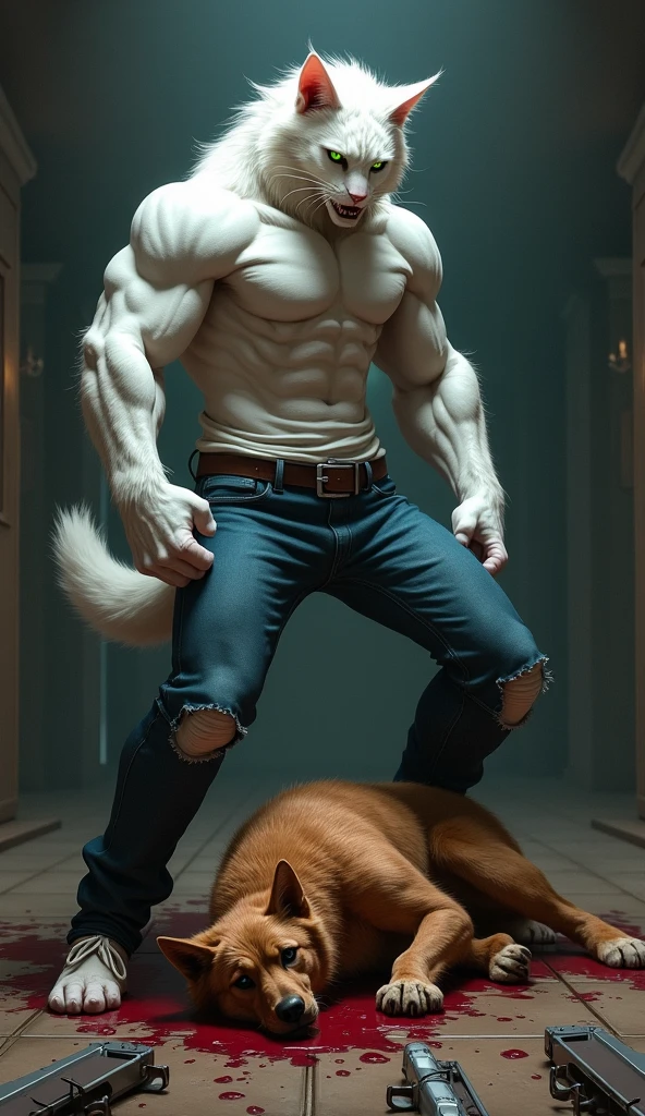 hi res, solo character, brown wolf, male, topless, frontal view, wearing a blue tight blue jeans, detailed bulge, penis outline, wearing a gold brown cowboy boots, at a bedroom, by chunie, cowboy hat sitting on the floor head reaching on the ceiling