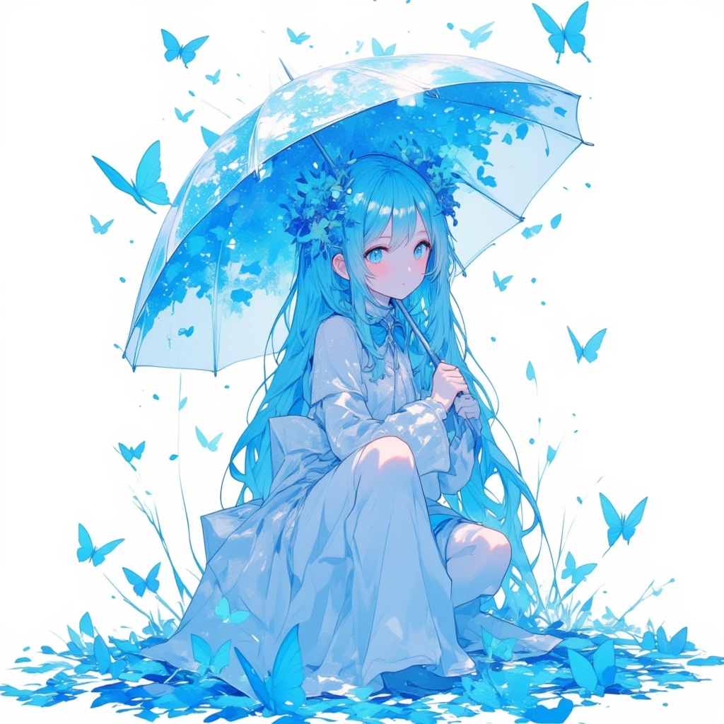 1,  29 year old girl  ( holding a transparent umbrella ,  a large quantity of blue petals decorating the umbrella),  very long blue hair ,  a large number of butterflies filling the air .  The petals cover the ground . minimalism , Simplification 