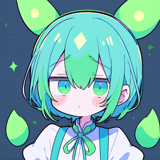 ((Terada Terakaze ))   1 boy　 handsome　piece　 Katyusha　 shorthair　High image quality　  Sharp Eye　 absurd　   sky blue　  handsome グリーンヘア　 big green tuft 　Black and green fluorescent headphones on the neck like ears　Heartwarming　